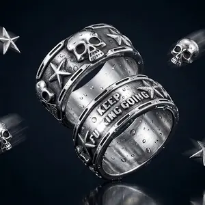 Keep Going Ring Skull Rings for Men Band Star Skeleton Ring Stainless Steel Silver Pentacle Cocktail Party Punk Rock Biker Ring Jewelry Size 8-13