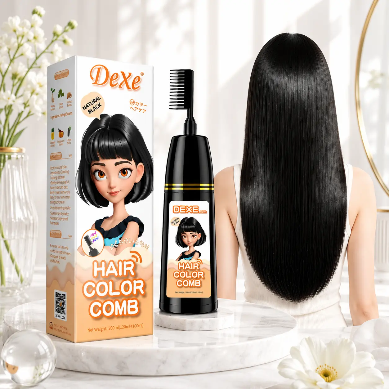 Home Use Integrated Comb Semi-Permanent Hair Dye Cream - Plant Essence, Mild, No Damage, Long-Lasting Fade-Resistant, Ash Brown & Ash Blonde Highlights Color Fixation Haircolor Haircare