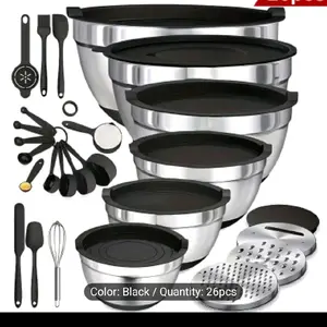 26pcs Stainless Steel Mixing Bowl Set with Anti Slip Base, Including Scraper Accessories, Sealing Cover, Egg Beater, Etc., Suitable for Baking, Storage And Mixing In Multiple Sizes, Essential Kitchen Tools, Christmas, Father's Gifts, Gifts for Men