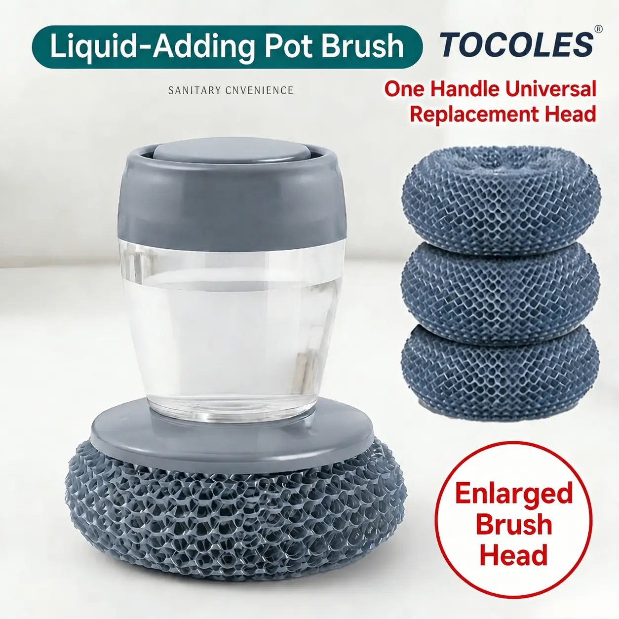 Automatic Liquid Filling Palm Brush with Comfort Handle, Ergonomic Non-slip Grip, Durable Bristles - Kitchen Gadgets, Cleaning Supplies for Sink Pot Bowl Cleaning, Detachable Head, Removable & Washable Multi-Purpose Home Care Sponge