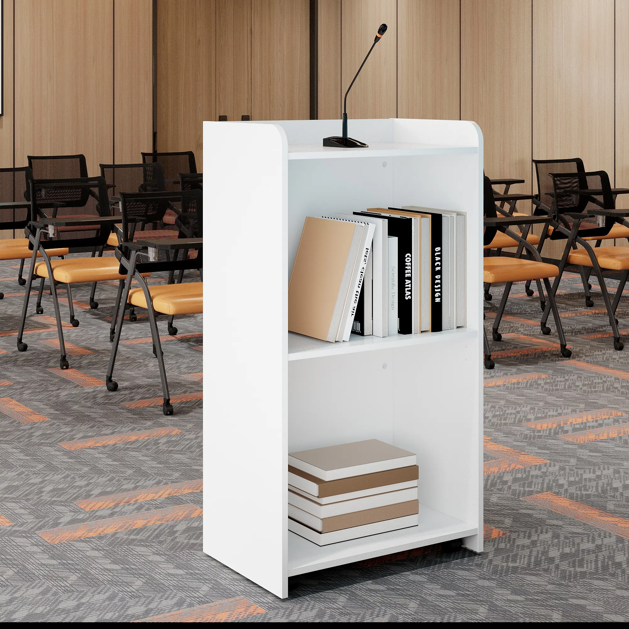 Podium Stand Wood Podium with Storage Shelves Lecterns Podiums for Church Office School Home White Mobile Rolling Laptop Cart Portable Desk Minimalist Drawer Tower Wood Workstation