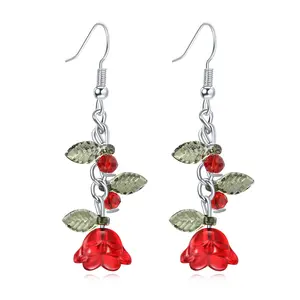 Cute Red Flower Tassel Dangle Drop Earrings, Women’s Hypoallergenic Lightweight long floral Earrings with Leaf Design, Trendy Tassel Flower Fashion Jewelry, Comfortable Wear All-Match Daily Accessory for Females