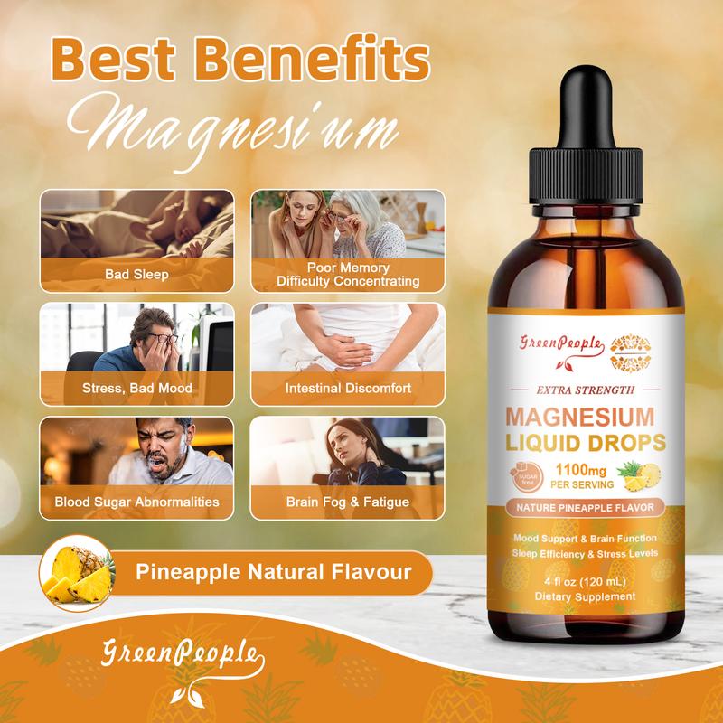 Triple Magnesium Complex Supplement 1100mg - Magnesium Liquid Drops - Pineapple Flavor, Calm Mood, Muscle & Sleep - 120ml 4 fl.oz Healthcare Dietary Triple Magnesium Complex Supplement 1100mg - Magnesium Liquid Drops - Pineapple Flavor, Calm Mood, Muscle & Sleep - 120ml 4 fl.oz Healthcare Dietary