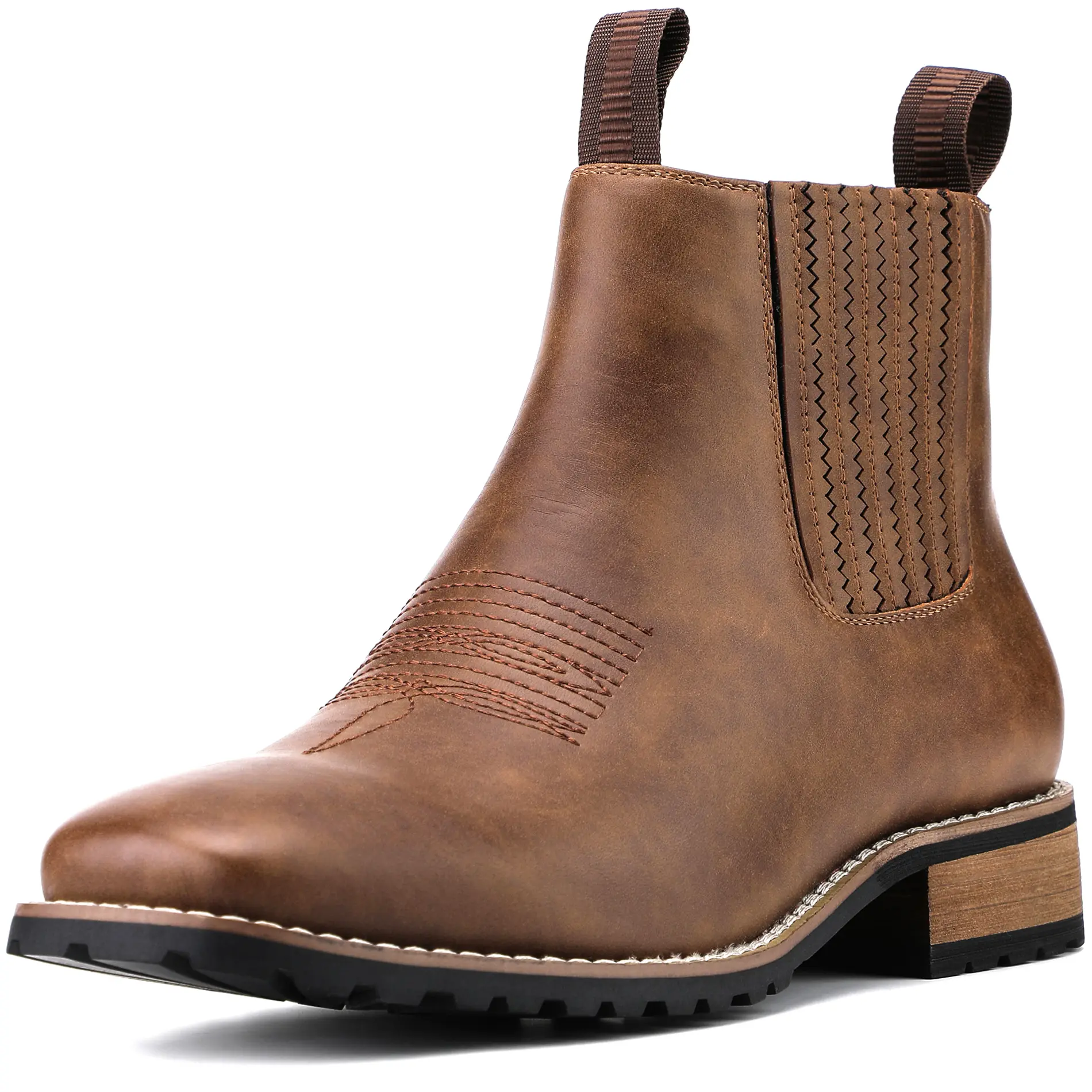 JASONSTAR Men's Western Style Less Than Ankle Chelsea Boots - Classic PU Leather Slip-On Shoe, Square Toe, Rubber Sole, Flat Heel, Vintage Footwear for Work & Casual, All-Weather Grip