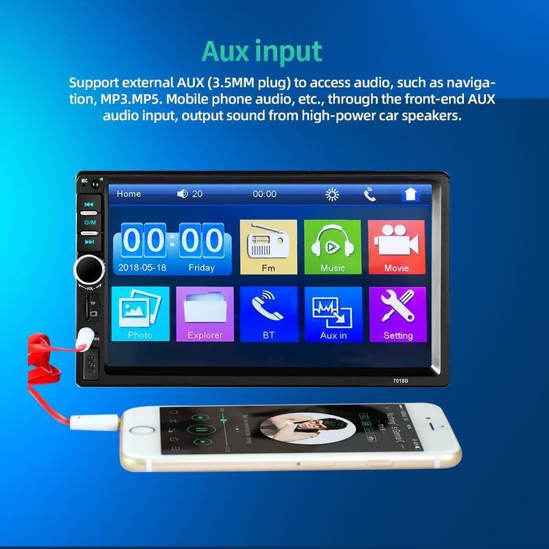 Dual Din Car Audio 7 Inch Touch Screen with Bluetooth Reversing Camera, USB, AUX, Auto Radio, MP5, MP4, MP3, MP3 Player, 12LED Rear Camera