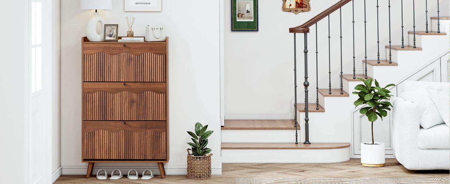 Giratree Wooden Fluted Shoe Cabinet with 2/3/4 Flip Drawers, Stylish Narrow Shoe Storage Organizer with Wave Design, Freestanding Entryway Shoe Rack for Hallway, Living Room Giratree Wooden Fluted Shoe Cabinet with 2/3/4 Flip Drawers, Stylish Narrow Shoe Storage Organizer with Wave Design, Freestanding Entryway Shoe Rack for Hallway, Living Room