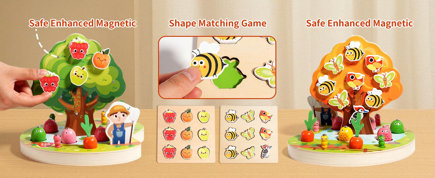 INIFEIDALA Wooden Montessori Educational Toys for 3-5 Year Olds, Shape Sorter with Carrot Harvest & Magnetic Fishing Games, Fine Motor Skills Development Birthday Gifts for Boys & Girls