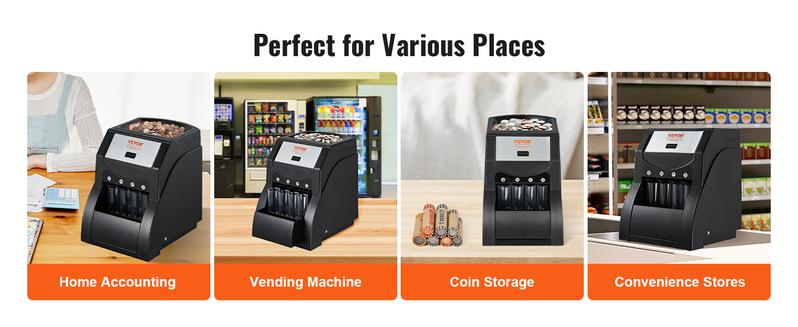 VEVOR USD Coin Sorter, TikTokShopBlackFriday, Coin Sorter Machine for USD Coin 1￠ 5￠ 10￠ 25￠, Sorts up to 230 Coins/min, Coin Sorter and Wrapper Machine Holds 200 Coins Included 4 Coin Tubes, Black  VEVOR Super Brand Day