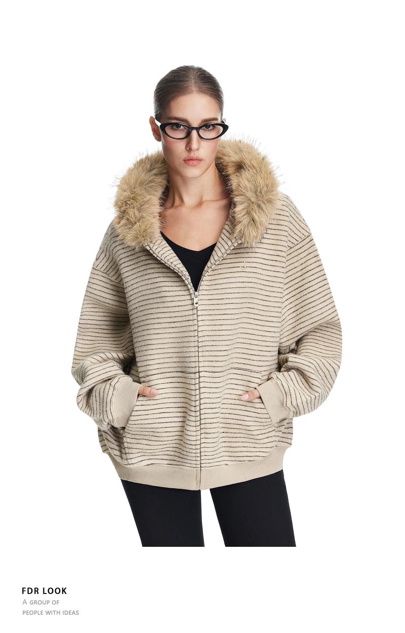 FDR Cozy Striped Fuzzy Hoodie with Faux Fur Collar Zip-up Oversized / Slim Sweater Oversized Fit Long Sleeve Fall / Winter Casual Womenswear Coats Outerwear Tops Jackets Sweatshirt #valentinesday #tiktokshopjumpstartsale #valentinesdaygift
