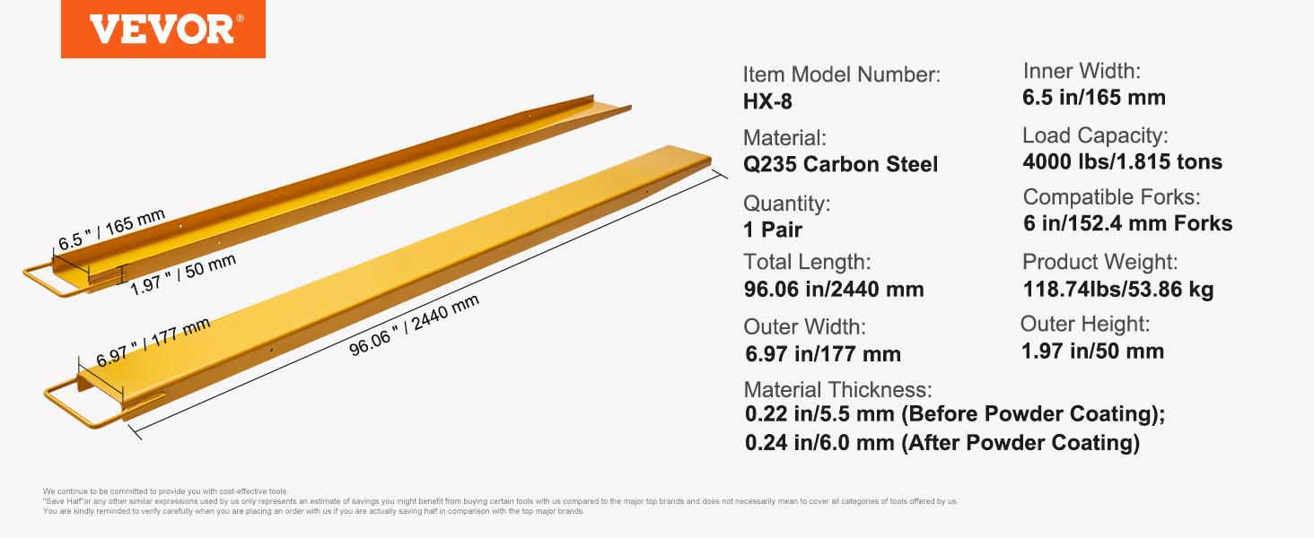 VEVOR Pallet Fork Extensions,  Max, 96" Length 6.5" Width, Heavy Duty Carbon Steel Fork Extensions for Forklifts, 1 Pair Forklift Extensions, Industrial Forklift Fork Attachments for Forklift Truck