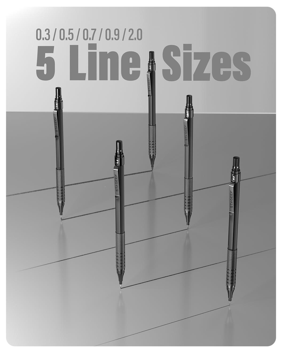 STAGEEK 21PCS Metal Mechanical Pencil Set, Art Lead Pencil 0.3, 0.5, 0.7, 0.9, 2mm Lead Holder(HB 2H 2B 4B Color) with 10 Tubes Graphite Lead Refills Eraser with Case for Drafting Drawing Sketching