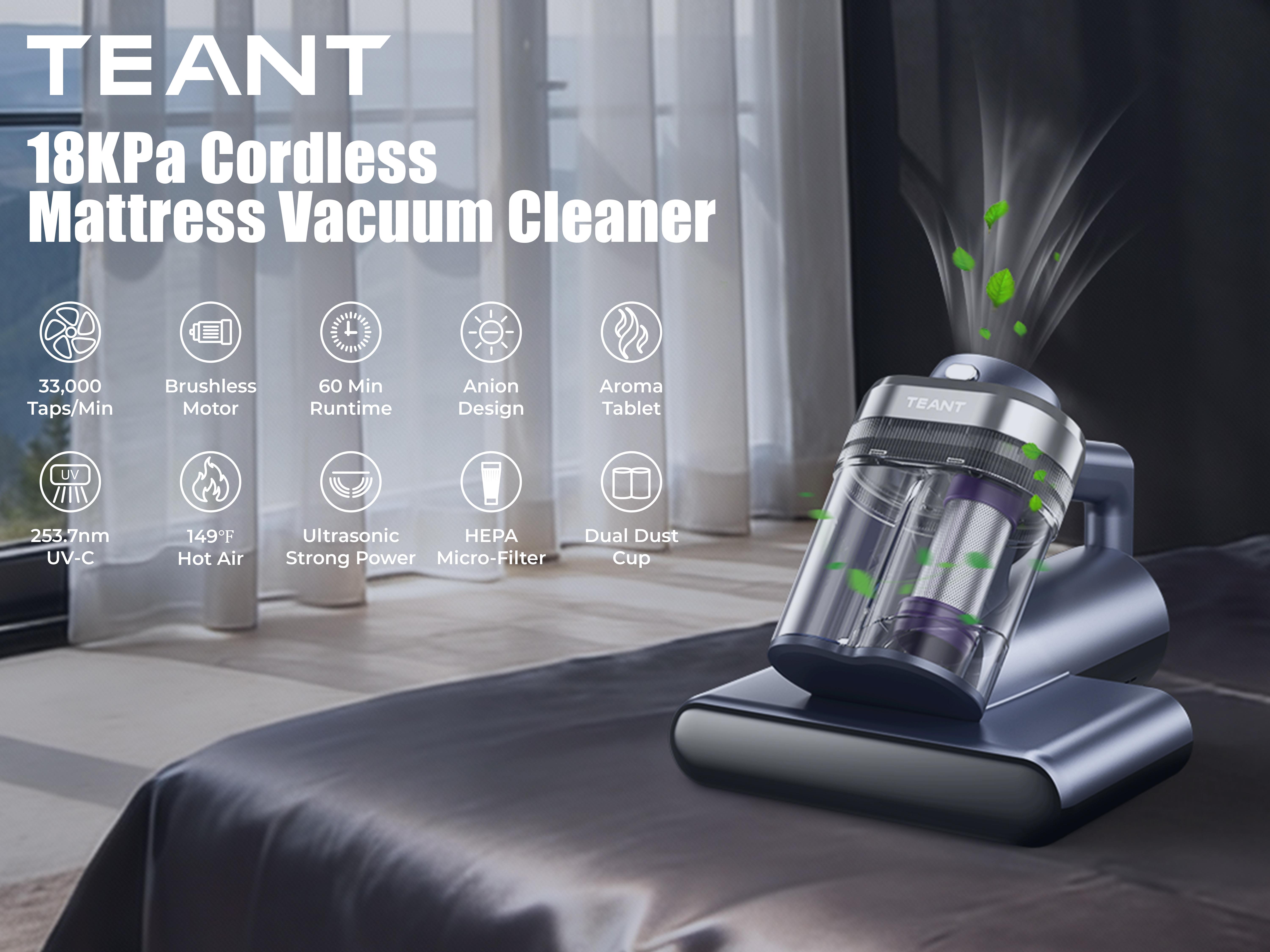 2026 Teant Upgraded Cordless Mattress Vacuum Cleaner, 18KPa Powerful Suction with UV-C Light, 149°F Hot Air, HEPA Filter, LED Display & Aroma Function for Bed, Sofa, Couch and Carpet