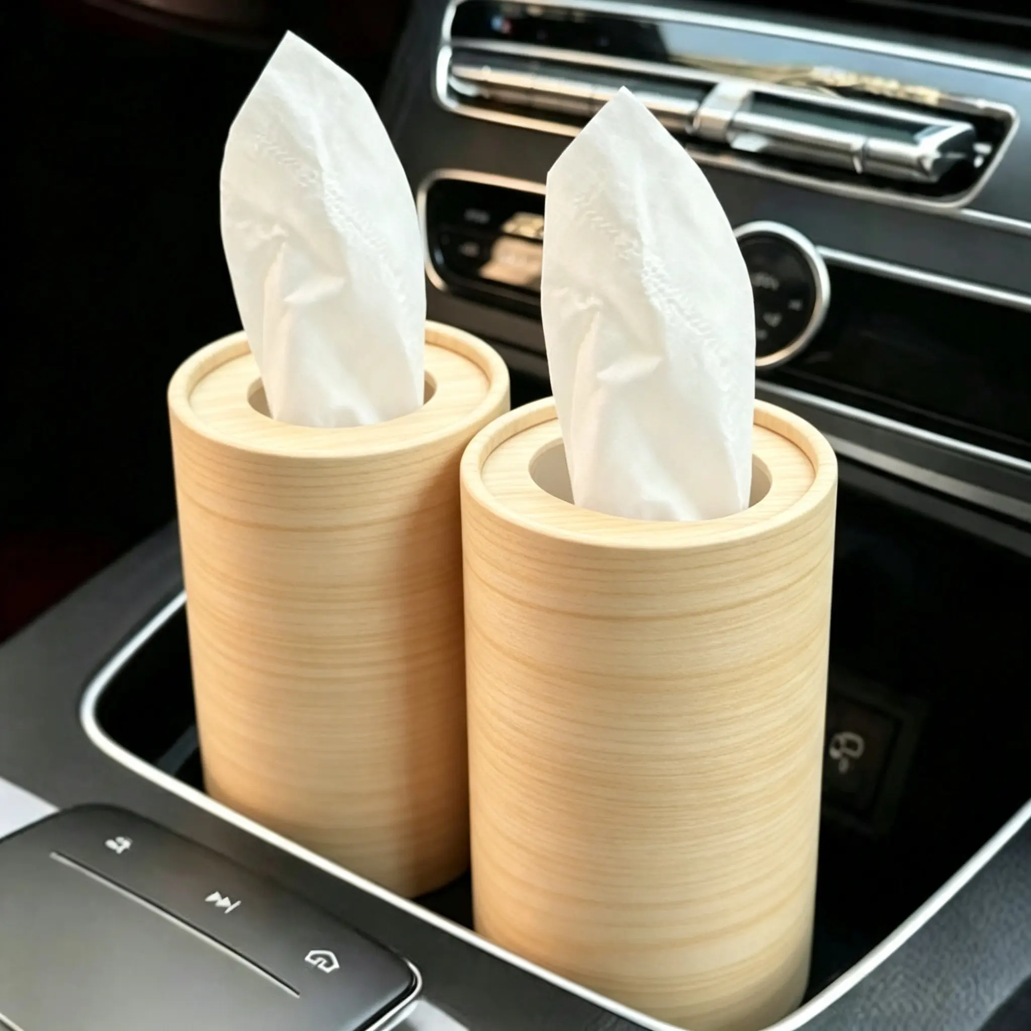 4 car cup holder tissue boxes, 200 sheets per box (50 sheets per container), natural wood color car tissue box, cylindrical cup holder tissue case, soft disposable facial tissues, portable travel tissue canister, suitable for cars, home, office, and parti