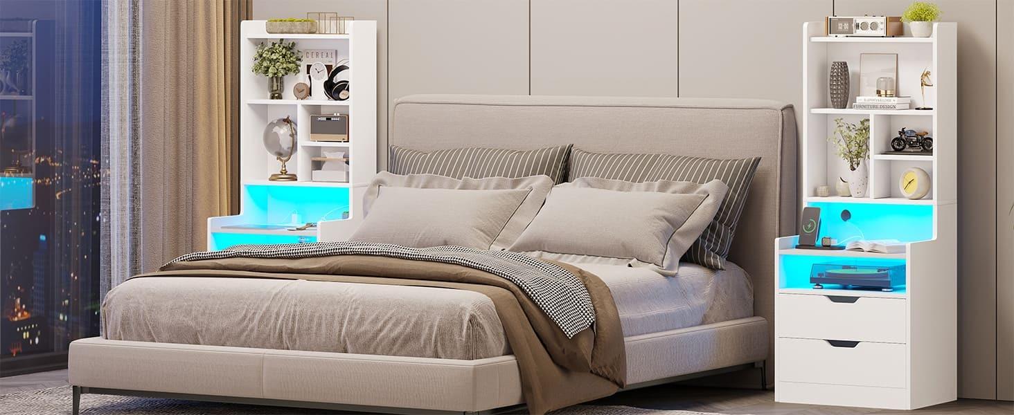 Sikaic LED Nightstand with Bookshelf Charging Station Table Multifunctional RGB Light Strips 2 USB Ports App Control Dynamic Modes Modern Side End Table