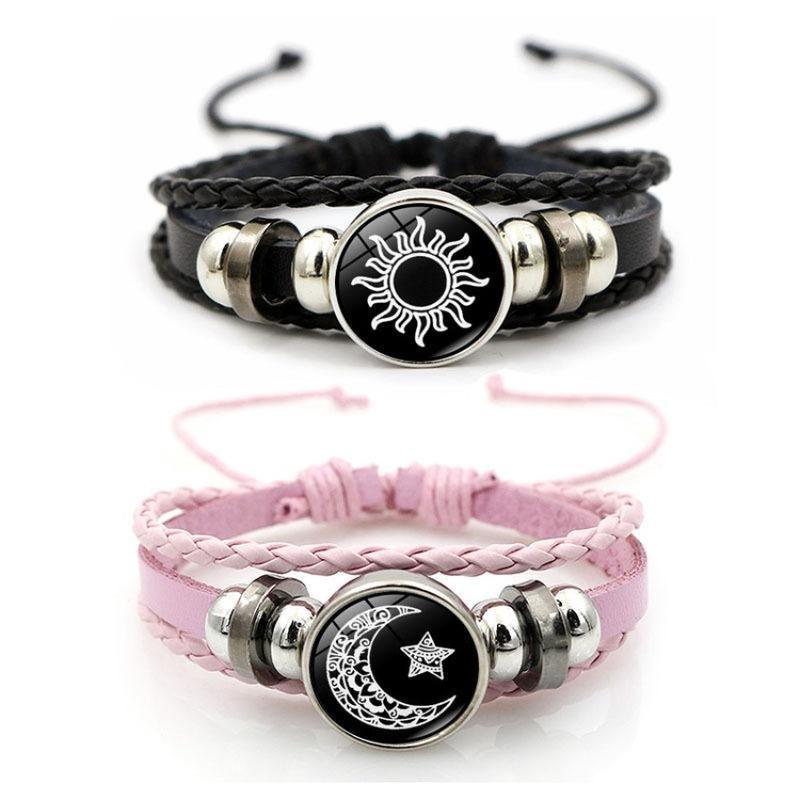 Sun & Moon Lovers Leather Bracelet Vintage Punk Multi-Layer Beaded Woven Design Couple Gift with PU Leather and Glass Accents