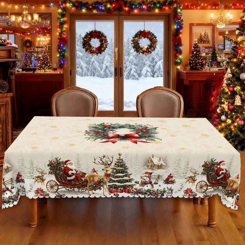QUNTUE Christmas Winter Berry Wreath Pattern Tablecloth, 2025 Christmas Party Decoration, Garden Party, Restaurant Decoration, Indoor Outdoor Holiday Decorations, Round and Rectangle Multi Sizes, Gift for Friends