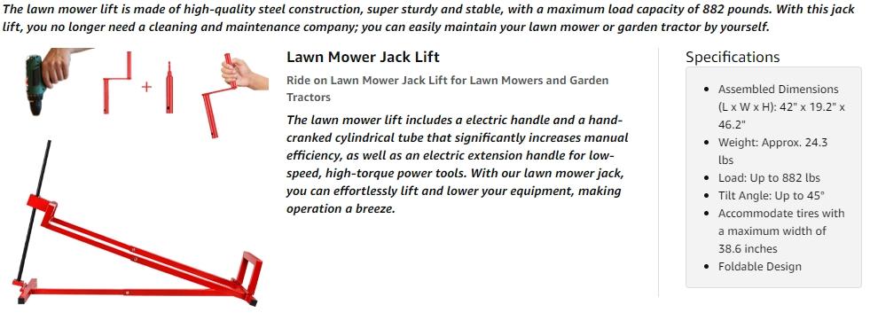 Lift Jack for Garden Tractors and Lawn Mowers - 882 Lbs Capacity, Manual Handle & Power Tool Extension Handle