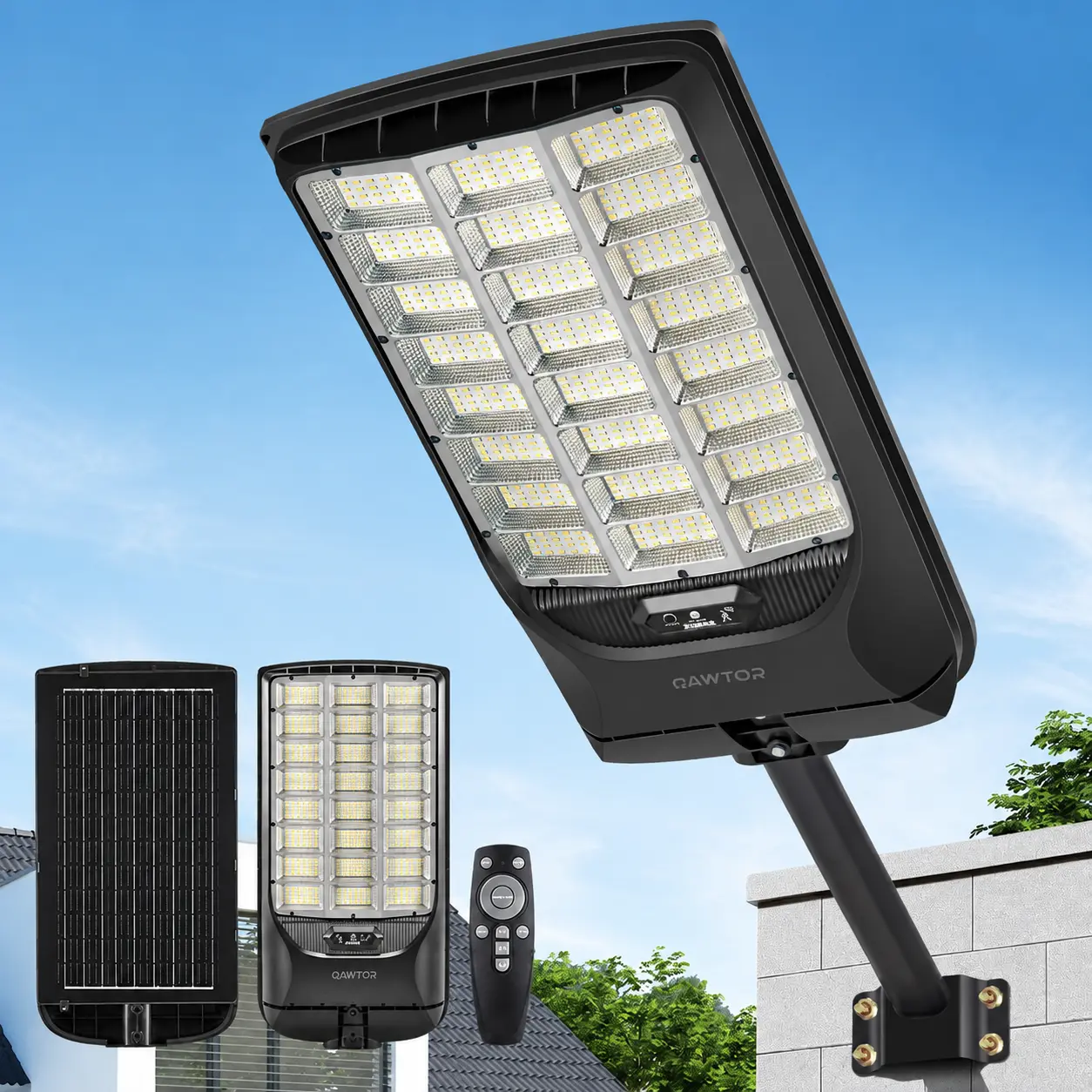 Qawtor JVF-600 720 LED Solar Street Light Outdoor, Super Bright Solar Security Flood Light with 20AH Battery, PIR Motion Sensor, Remote Control & Dusk-to-Dawn Auto Lighting, IP65 Waterproof Solar Powered Lamp for Driveway, Yard, Garage, Garden & Backyard