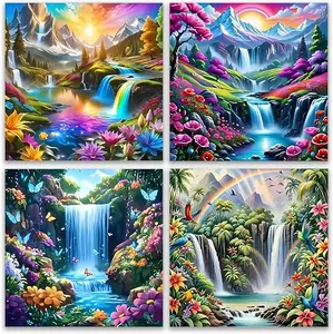 5D Diamond Painting Kit, 4-Pack Vibrant Fantasy Waterfall & Mountain Scenes, DIY Colorful Tropical Nature Craft Set for Lively Home Wall Decor & Gifts