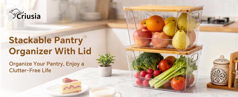 Criusia High-Quality Plastic Food Storage Box with Wooden Lid Transparent Design for Fruits Vegetables & Spices Ideal for Kitchens Pantries