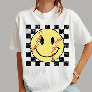 Softball Smiley Face Shirt,  Checker Board Tshirt ForSoftball Lover,Softball Mom Crewneck Tt-Shirt