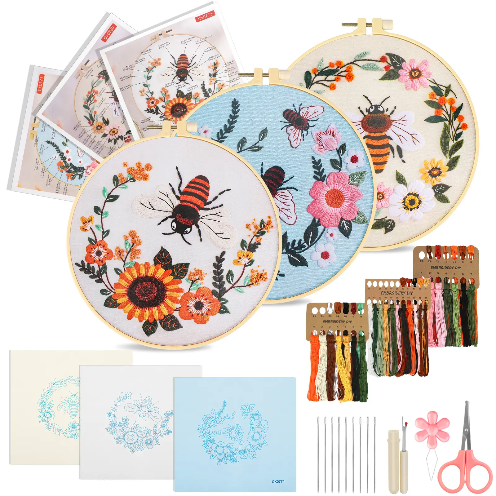 3 Set Bees Embroidery Kit for Adult Beginner - DIY Needlepoint Cross stitch Kits with Canvas,Hoop,Threads and Instructions,Gift for Birthday Christmas