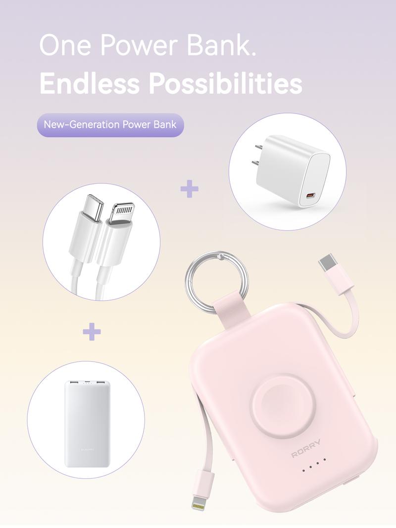 RORRY 5000mAh Portable Charger with Built-in Cables Keychain Power Bank for Apple Watch Series iPhone 17-12 Travel Battery Pack Lightweight USB Type-C Perfect Gift for Her Valentinesdaygift