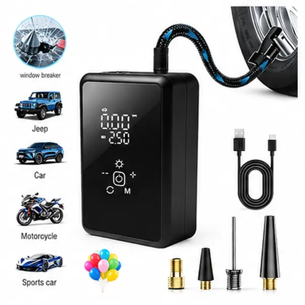 Portable Digital Tire Gauge Pump - USB Rechargeable Compact Air Compressor with Smart Digital Display, Auto Shut-Off Protection, Emergency LED Light, Safety Hammer, Fast Inflation for Cars/SUVs Roadside Emergencies