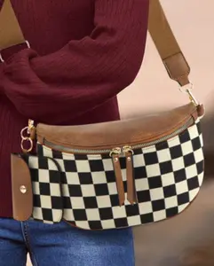 Coffee PU Leather Checkered Knit Patchwork Wallet Attached Shoulder Bag