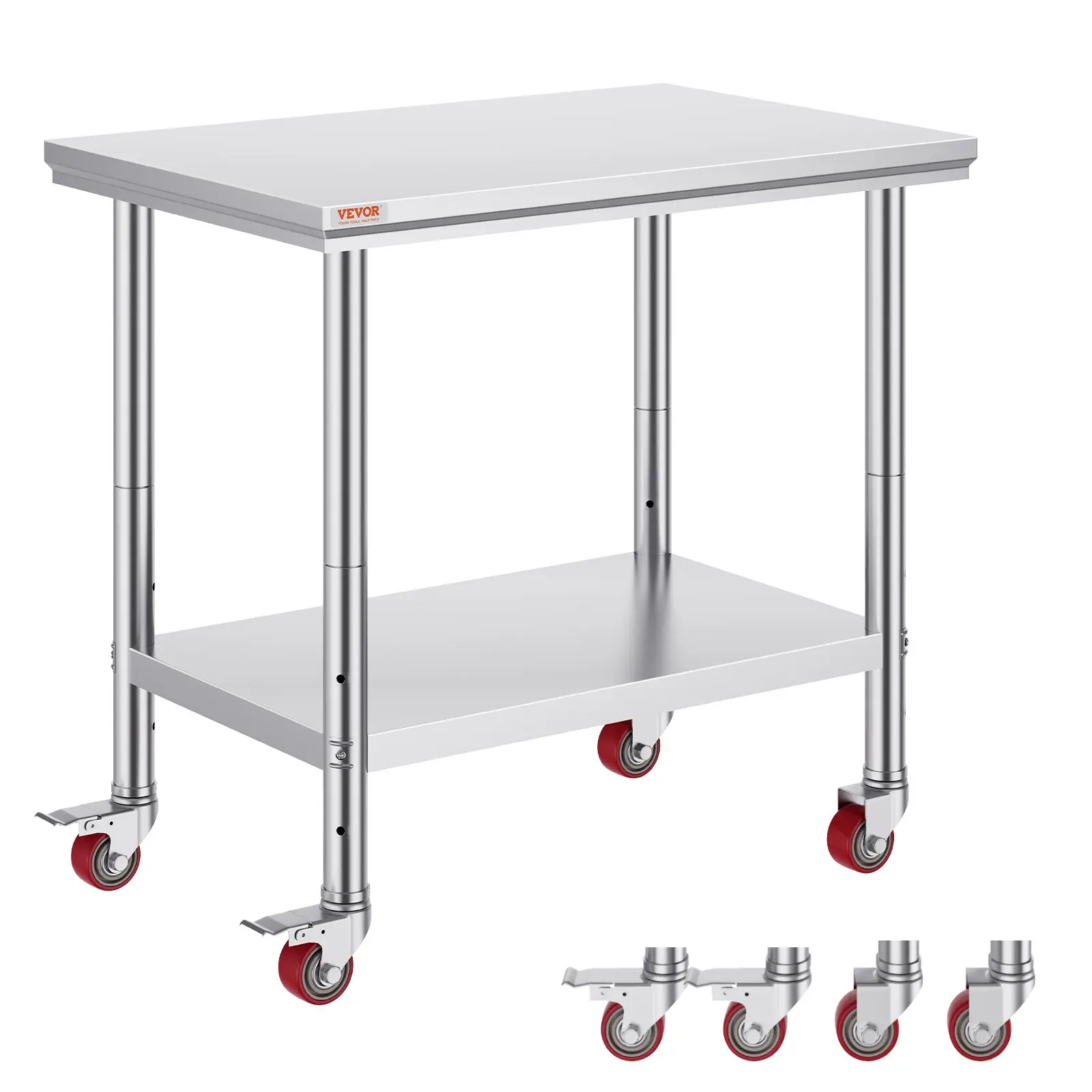 VEVOR Sturdy Wheeled Stainless Steel Work Table (36x24 in) - SUS201 Steel, 4 Smooth Wheels, 3-Level Shelf Fit, Adjustable, Garage & Restaurant Kitchen Fixture for Kneading Dough, Office & Business Storage Rack