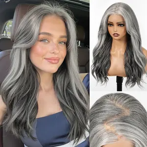 HAIRCUBE  22 Inch Gray Long Wave Layered Glueless Wig for Women 13x6 HD Lace Front Wig Synthetic