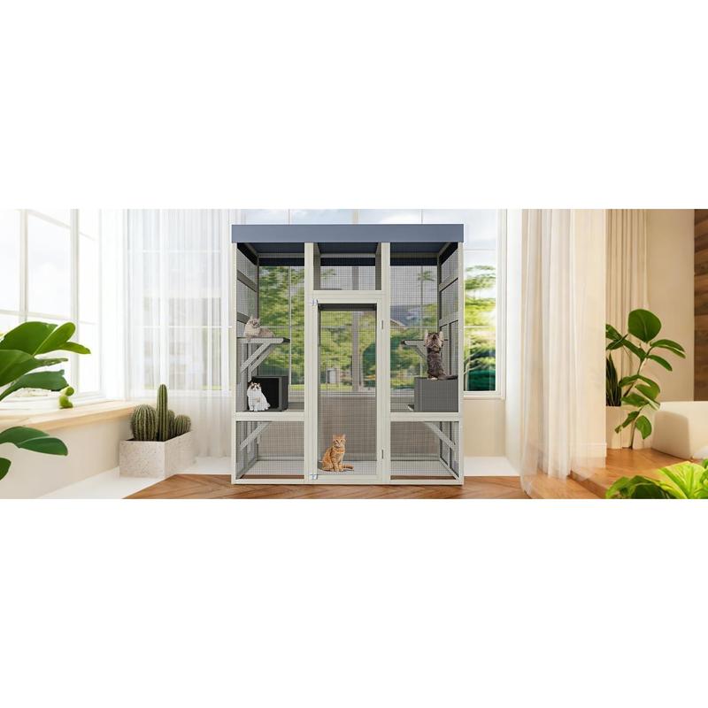 Multi-Level Vertical Cat Villa! 62.6" Gray Wooden Catio Outdoor Pet Enclosure with Waterproof Top Balcony & Indoor Cat Cage, Safe Cat House for Multi-Cat Families