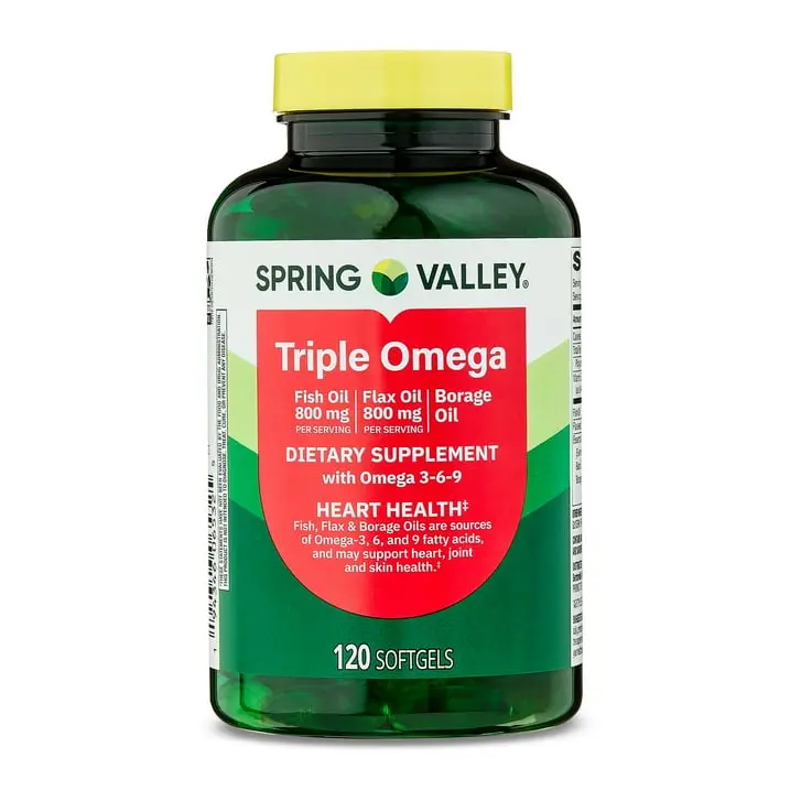 Spring Valley Triple Omega 3-6-9 Fish 800mg Flax 800mg & Borage Oil Softgels - Heart Health Supplement 120 Count - Healthcare Dietary Product Fitness