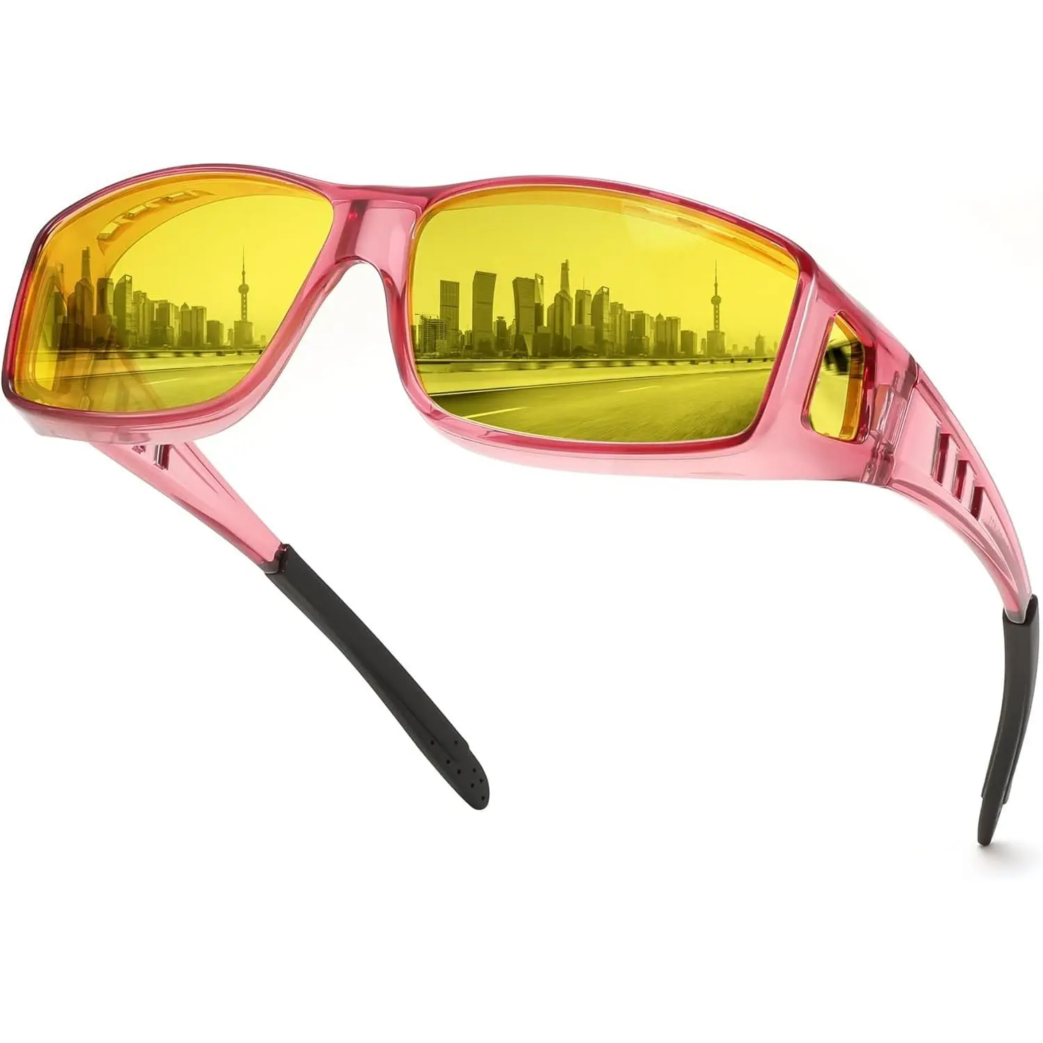 EyeconicFinds Male Night Driving Glasses - Fit-Over Sunglasses with Yellow Polarised Lens, Anti-Glare HD Night Time Vision Glasses B0225 Modern, Night Vision