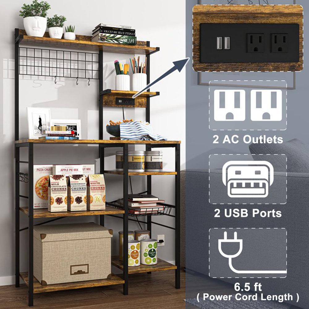 Spaco Kitchen Storage Organizer Rack with Power Outlet - Multipurpose Baker's Rack, Microwave Stand & Coffee Bar Station with Shelves, Heavy Duty Metal Shelf for Kitchen Organization