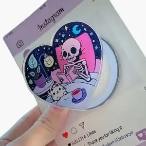 Skeleton & Cat Magnetic PopSocket: Cute Heart-Shaped Phone Grip, Nighttime Skeleton Reading with Cat, Kawaii Magsafe Phone Holder