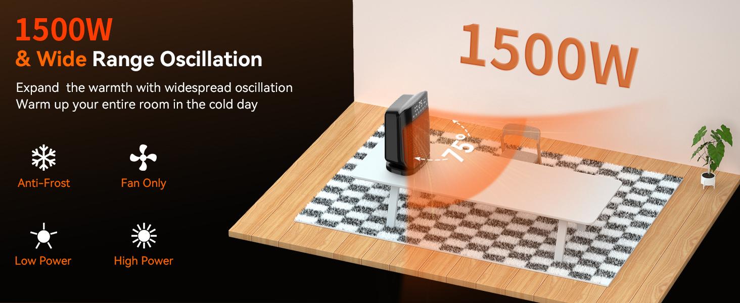 YASHE Space Heater, 1500W Portable Electric Heater for Indoor Use with Thermostat, 75° Oscillation, Digital Display, Remote Control, ECO Mode, Fast Ceramic Heating for Home, Office, Bedroom station