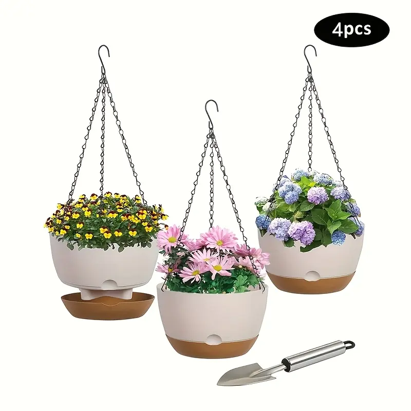 Plastic Hanging Flower Planters Set (4 Packs, 3x8in Nursery Pots Each) - Chain, Removable Tray, Drainage Holes, 2 Shovels - Decorative Garden Pots for Indoor Plant Decor, Porch - Home Improvement Gift Idea, Hanging Baskets