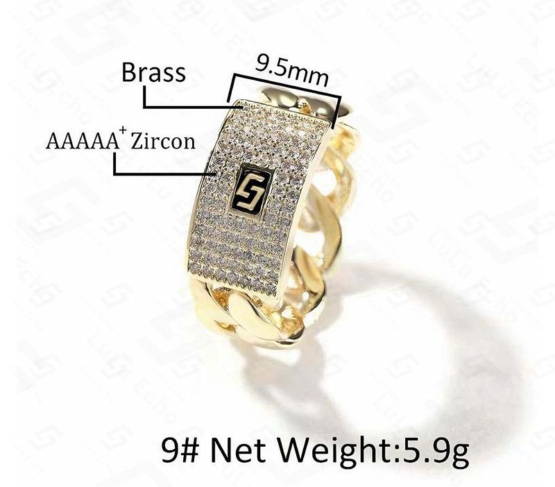 LuLuEcho 14K Gold Plated Iced Out Cuban Link Ring - Bling Initial "S" Zircon Ring for Men - Hip Hop Streetwear Jewelry