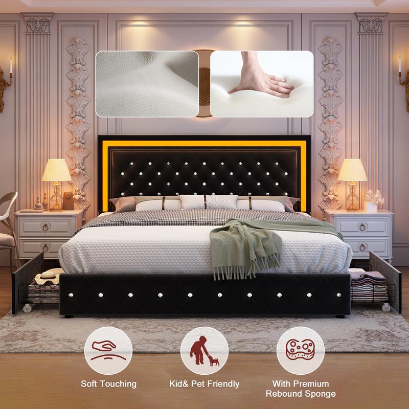 GEGOFORU LED Storage Bed Frame with 4 Drawers, Upholstered Platform Bed with Adjustable Headboard, Smart App & Remote RGBW Lights, No Box Spring Needed, Easy Assembly, Grey Velvet