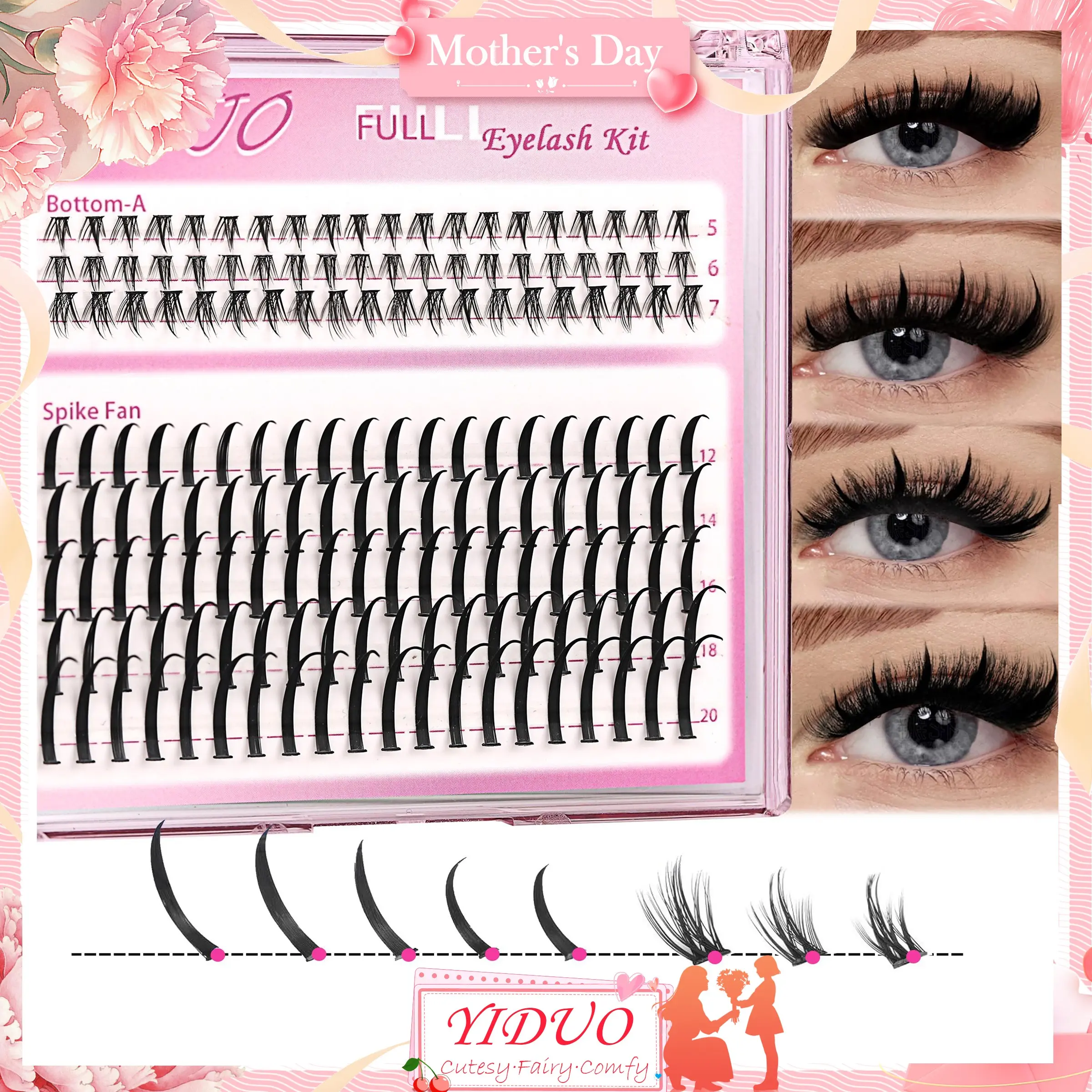 YIDUO Wispy Fluffy Cluster Lashes, Volume Eyelashes, Voluminous False Eyelashes, Mixed Individual Lashes, Clusters with Bottom Lashes and Spike Extensions (5-6-7mm, 12-14-16mm), Volumized False Eyelashes