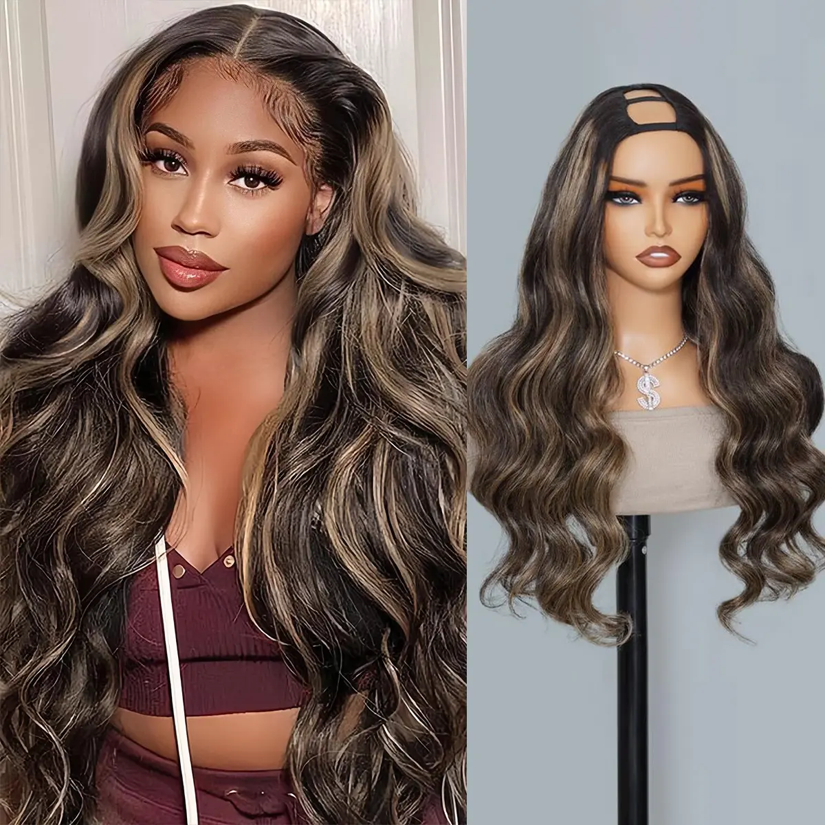 Recool Hair U Part Highlight Balayage/Brown Wig Human Hair Body Wave/Straight Wig 180% Density Colored Wigs for Women Real Scalp Beginner Friendly Elastic Drawstring#DealsForYouDays