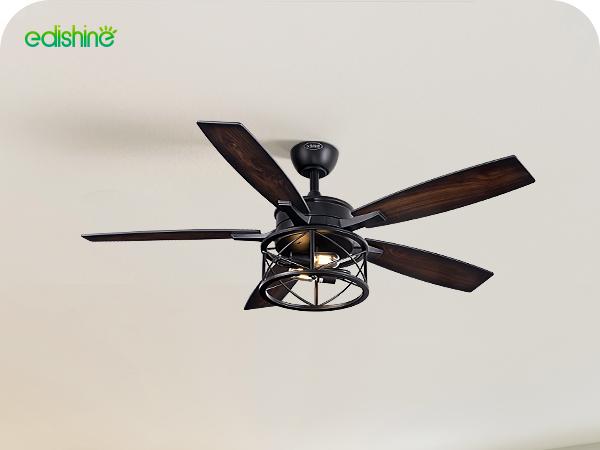 EDISHINE 52 Inch Farmhouse Ceiling Fans with Lights, Remote Control, 5 Wooden Blades, Dimmable, Timer, 6 Speeds Reversible DC Motor, Rustic Lighting & Ceiling Fan for Bedroom Living Room, UL Listed-HCFR01A