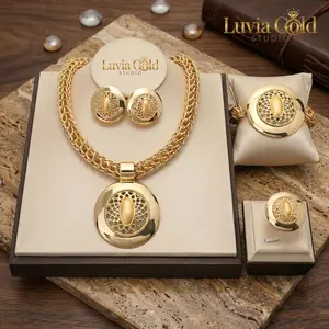 African Dubai 4PCS Jewelry Set for Women - Exquisite Hollow Round Pendant Necklace, Chunky Link Bracelet, Statement Stud Earrings & Adjustable Ring Elegant Wedding Bridal Party Banquet Fashion Accessories