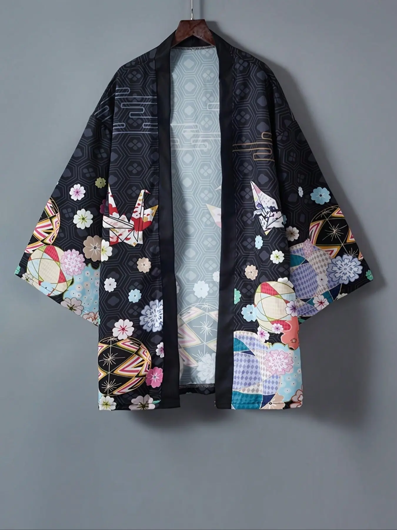 Traditional Vintage Floral Print Kimono Cardigan Women, Harajuku Style Improved Hanfu Jacket, 7/8 Sleeve Japan Short Summer Outerwear for Sun Protection and Chic Casual Fashion Garment