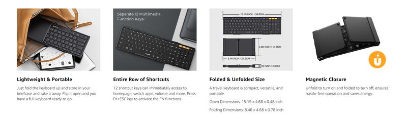 ProtoArc Foldable Bluetooth Keyboard, XK01 Tri-Fold Wireless Portable Folding Keyboard with Number Pad for Business and Travel, Full-Size Travel Keyboards for Windows iOS Android Tablet Smartphone Laptop PC