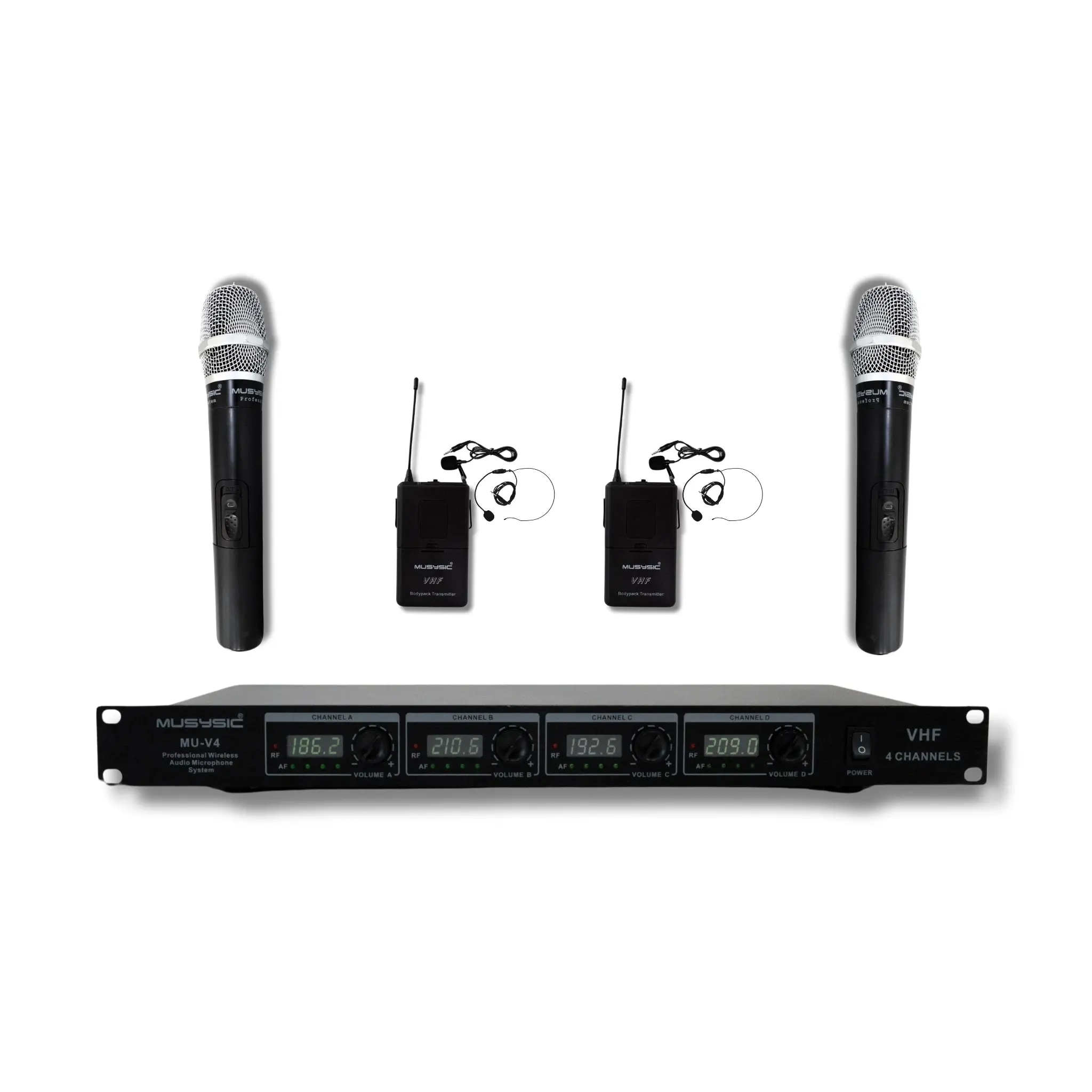 MUSYSIC MU‑V4‑HL Professional 4‑Channel VHF Wireless Microphone System – 2 Handheld + 2 Lavalier/Headset Bodypacks, Long‑Range, Independent Channels