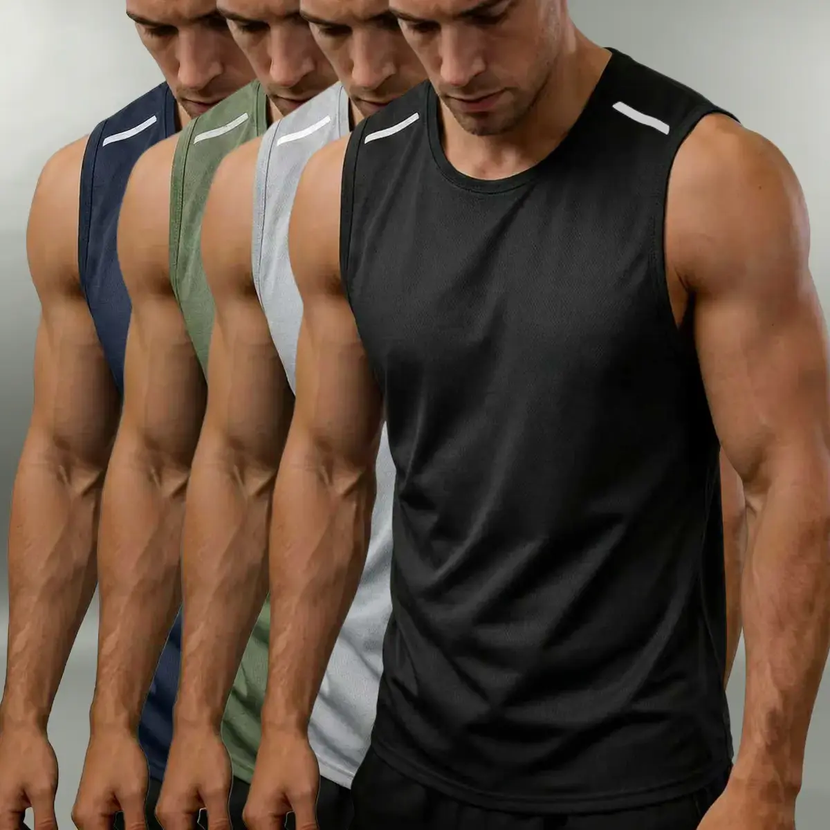Men’s 4-Piece Set Reflective Quick-Dry Breathable Lightweight Sleeveless Tank Tops — Moisture-Wicking Sports Tanks for Gym, Running, and Everyday Wear, Crew Neck Striped Sleeveless Design, Crafted from Fashionable Fabrics Athletic Training Apparel Athleti