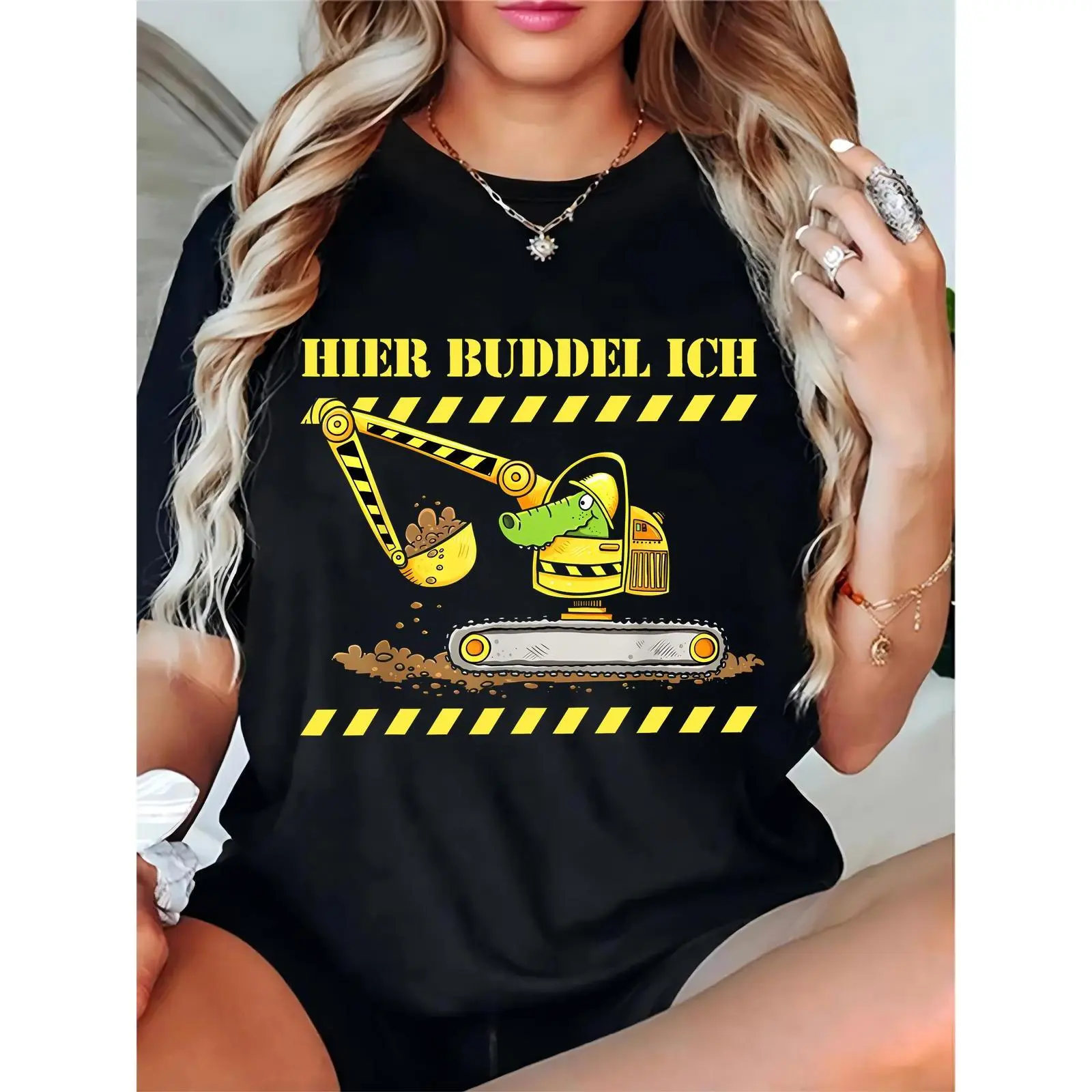 Women's Black T-Shirt with Cartoon Excavator (Crocodile Head) & Yellow Warning Stripes, Casual Outfit for Halloween, Construction-Themed Parties & Daily Wear