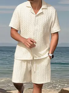 Men's Textured Knit Short Sleeve Shirt & Shorts Set – Breathable, Soft Summer Two-Piece Outfit. Ideal for beach days, vacations, or casual outings, merging laid-back comfort with timeless resort style.